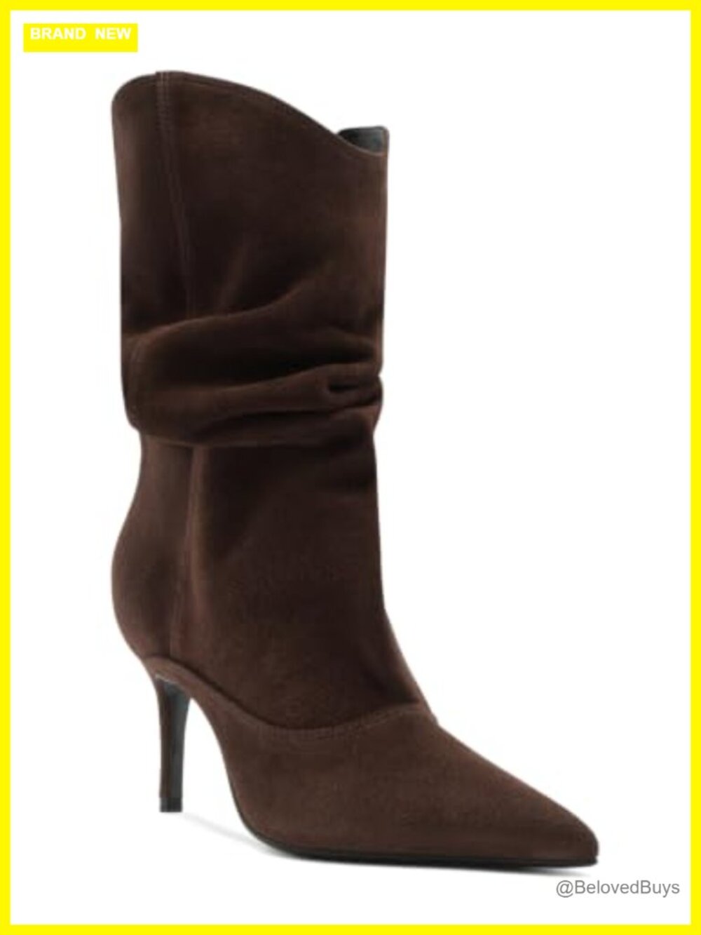 Faux Suede Slouch Mid Calf Boots Pointed Toe Stiletto Heel Pull-On